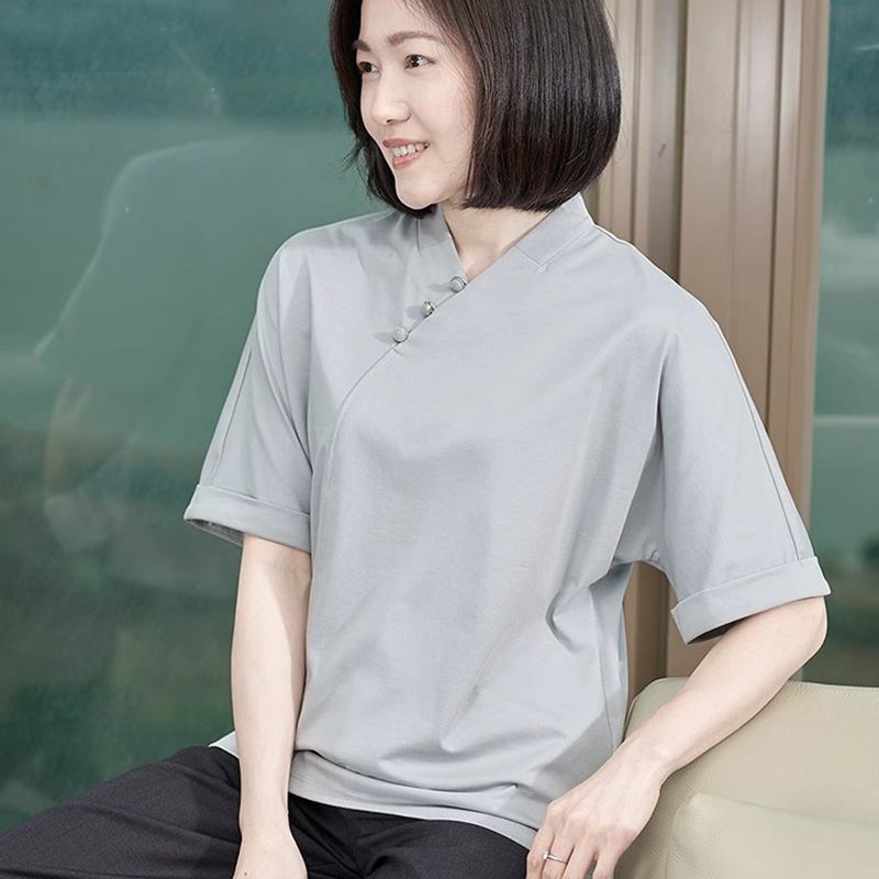 棉质短袖女士T恤大码宽松洋气妈妈中式国风女装2025新款设计感夏
