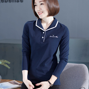 T恤polo衫 翻领有领带领莫代尔打底衫 显瘦蓝色长袖 修身 女春秋大码