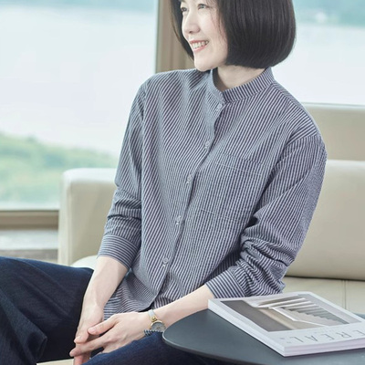 蓝色条纹长袖全棉衬衫立领妈妈春