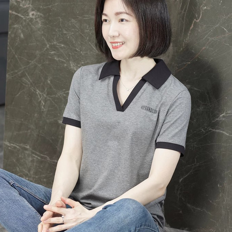 品牌纯棉翻领短袖上衣女正肩夏天