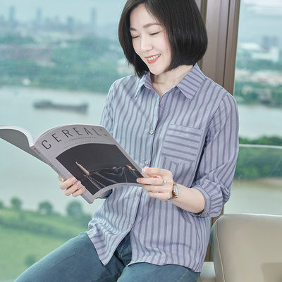 全棉中袖衬衫女式气质减龄上衣春