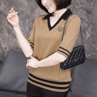 翻领针织短袖女宽松显瘦中年上衣