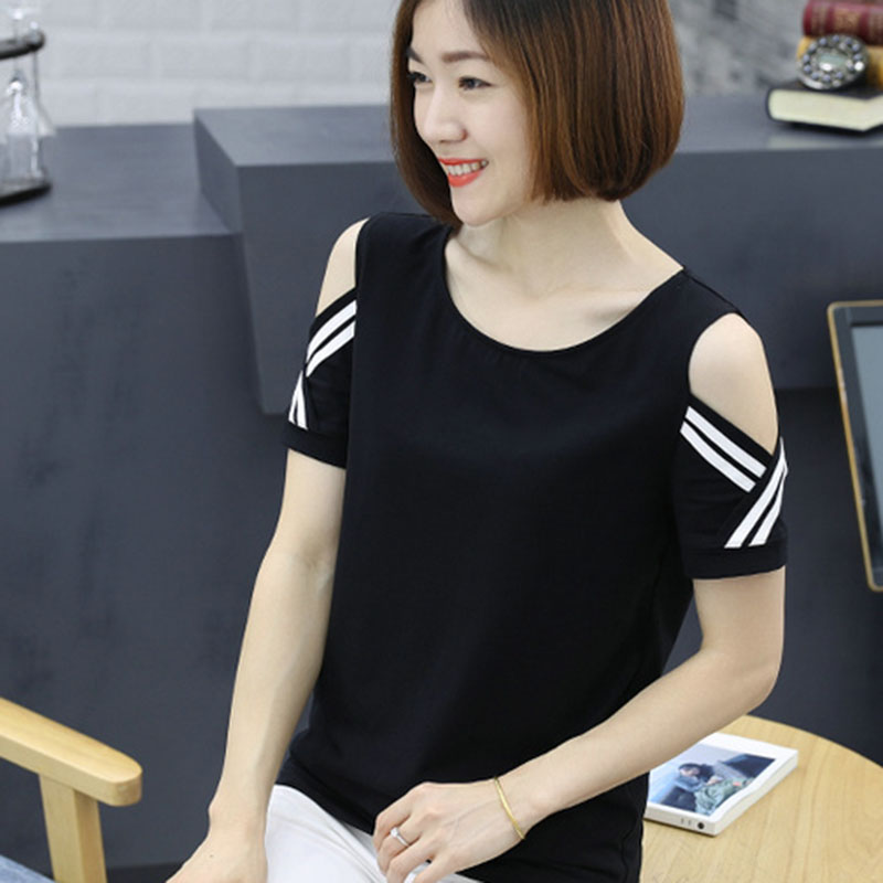 宽松露肩纯棉短袖t恤女夏装小衫胖mm半袖漏肩大码上衣体恤衫洋气