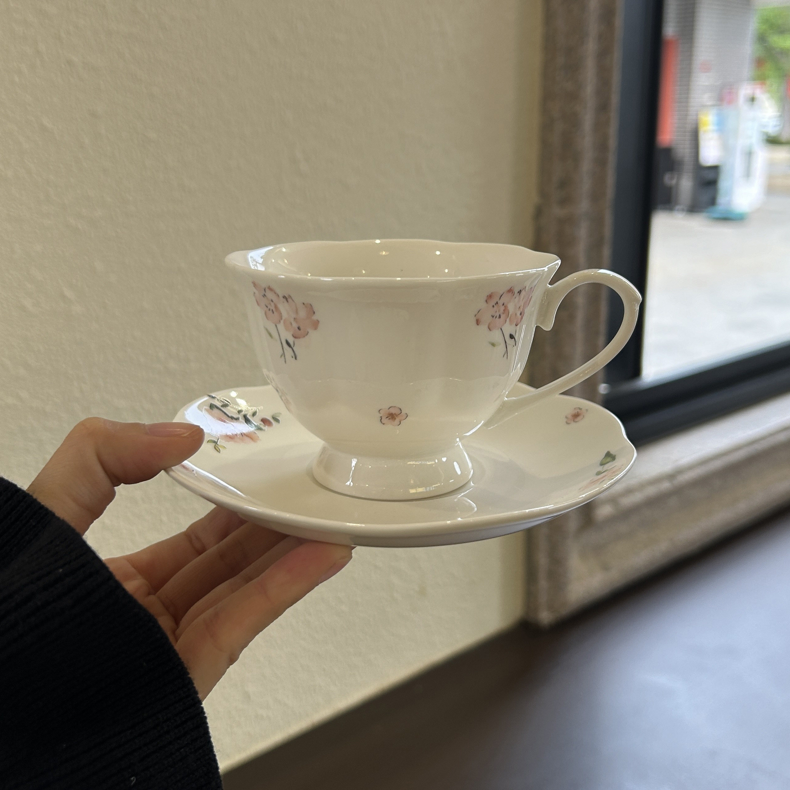 韩系ins风手绘樱花陶瓷杯碟复古