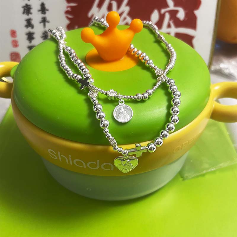 足银990念珠链纯银圆珠项链银圣物男女情侣纯银手链十字架