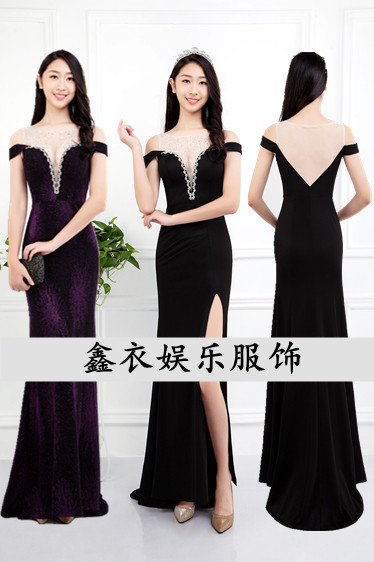 ktv长款礼服性感模特佳丽小姐工作服夜场商务弹力修身长裙一字肩