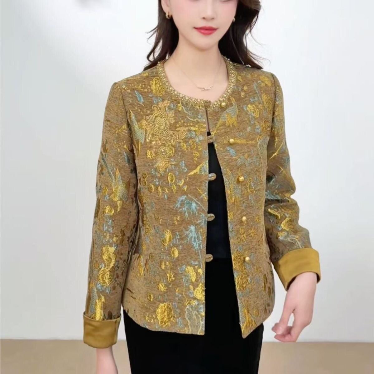 2026年新款宋锦真丝上衣女新中式国风印花中年妈妈装宽松长袖外套