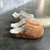 羊皮毛一体勃肯鞋 全包头拖鞋 女冬加绒牛皮软木厚底钓鱼半包拖博肯