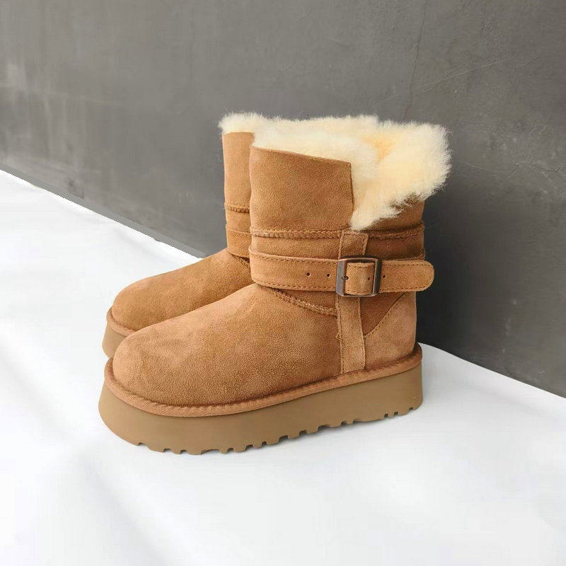 2025冬季爆款厚底骑士靴  羊皮毛一体雪地靴女士中筒加厚增高保暖