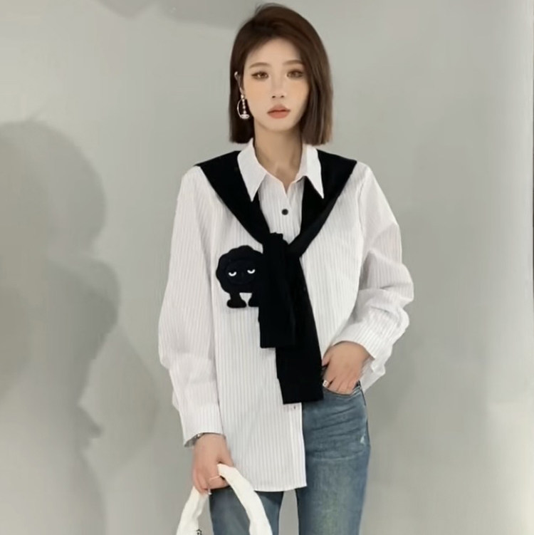欧洲站2023春秋新款翻领单排扣拼色披肩时尚条纹衬衫女polo领衬衣