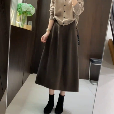 赫本风毛呢a字半身裙女秋冬新款高腰伞裙显瘦中长款休闲遮胯裙子