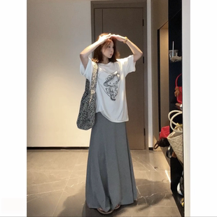 今年流行 a字伞裙 果冻灰色半身裙女夏大码 微胖mm遮胯软糯中长款