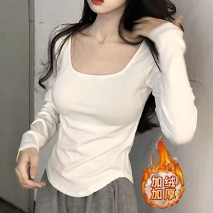 白色方领打底衫女秋冬内搭大码胖mm显瘦纯欲风加绒不规则长袖上衣