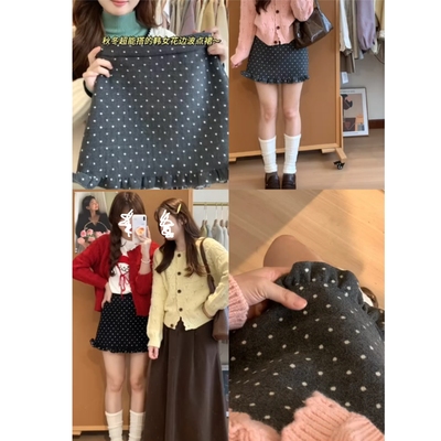 大码法式复古气质波点毛呢半身裙女秋季新款胖MM短裙子高腰A字裙