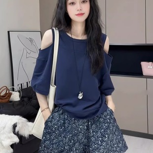 胖mm宽松遮肉显瘦别致上衣 大码 设计感纯欲露肩短袖 t恤女夏季 新款