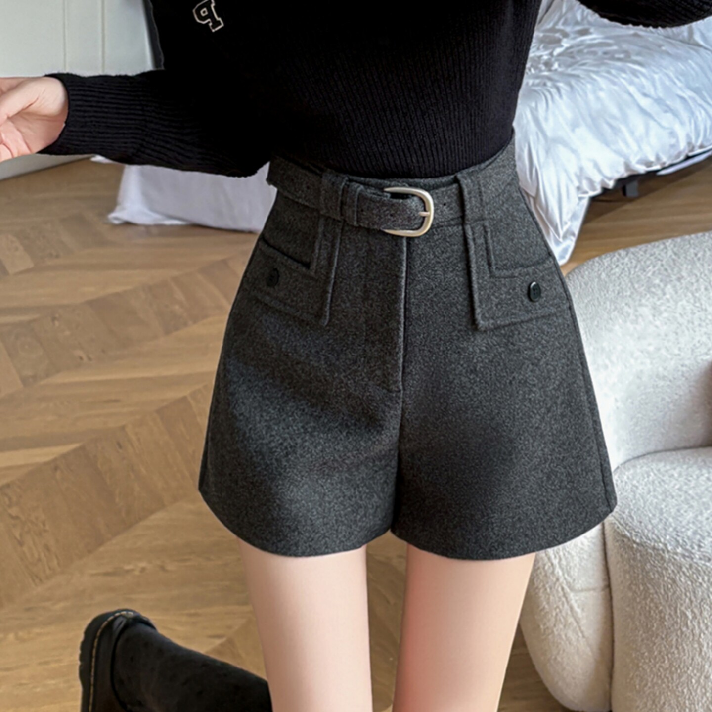 胖mm秋冬毛呢短裤高腰灰色小个子阔腿靴裤a字休闲显瘦口袋短裤女,女装/女士精品,大码裤装,淘宝优惠券,粉丝福利购,淘宝优惠卷