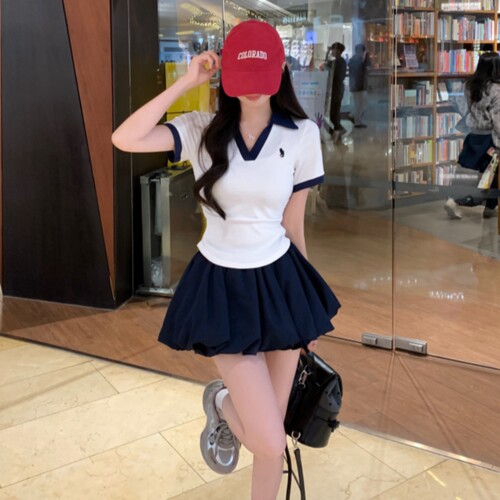 韩系风格穿搭一整套polo衫掐腰短袖花苞连衣裙套装女2025新款夏装