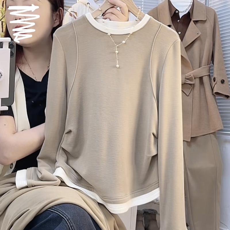 加绒保暖拼接长袖T恤内搭秋冬新款大码胖mm显瘦收腰遮肚打底上衣