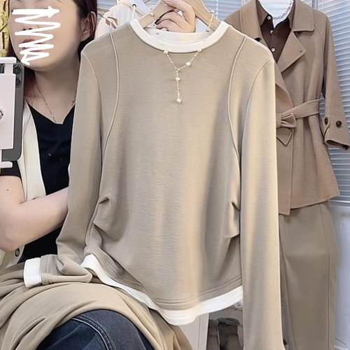 加绒保暖拼接长袖T恤内搭秋冬新款大码胖mm显瘦收腰遮肚打底上衣