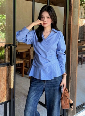 大码胖MM韩系侧边系带收腰交叉蓝色条纹衬衫女秋季新款设计感衬衣
