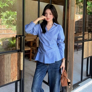 新款 女秋季 设计感衬衣 胖MM韩系侧边系带收腰交叉蓝色条纹衬衫 大码