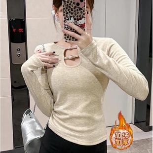 显瘦打底衫 大码 内搭修身 T恤女秋冬季 上衣 胖mm辣妹风镂空加绒长袖