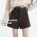 气质外穿a字阔腿裤 胖mm秋冬小个子时尚 女大码 美拉德棕色毛呢短裤