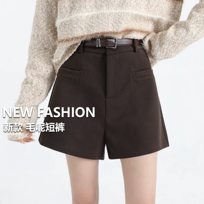 美拉德色毛呢短裤女大码胖mm秋冬