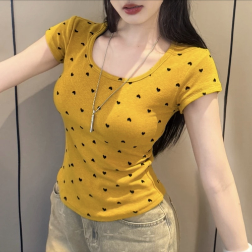 大码女装胖mm复古波点U领短袖T恤