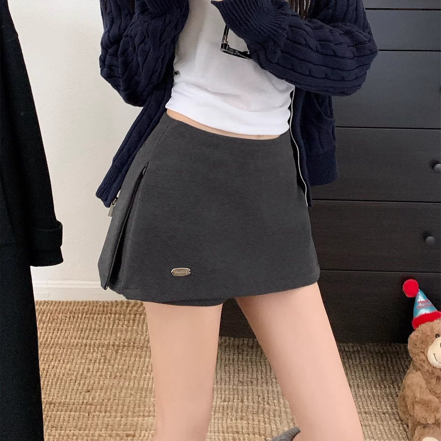 大码胖MM灰色假两件毛呢半身裙子