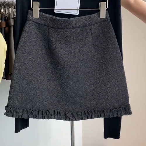 大码韩版木耳花边毛呢短裙女胖mm秋冬毛呢A字高腰气质显瘦半身裙