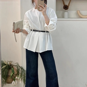 胖mm简约法式 早春韩系小众干练收腰长袖 压褶配腰带衬衫 设计感上衣