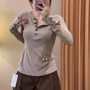 胖mm修身 大码 2025秋季 内搭打底衫 显瘦正肩t恤上衣 美拉德棕色长袖