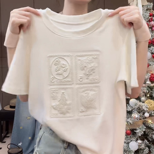 高级感浮雕刺绣短袖 2026春季 法式 大码 T恤女白色百搭显瘦上衣 新款