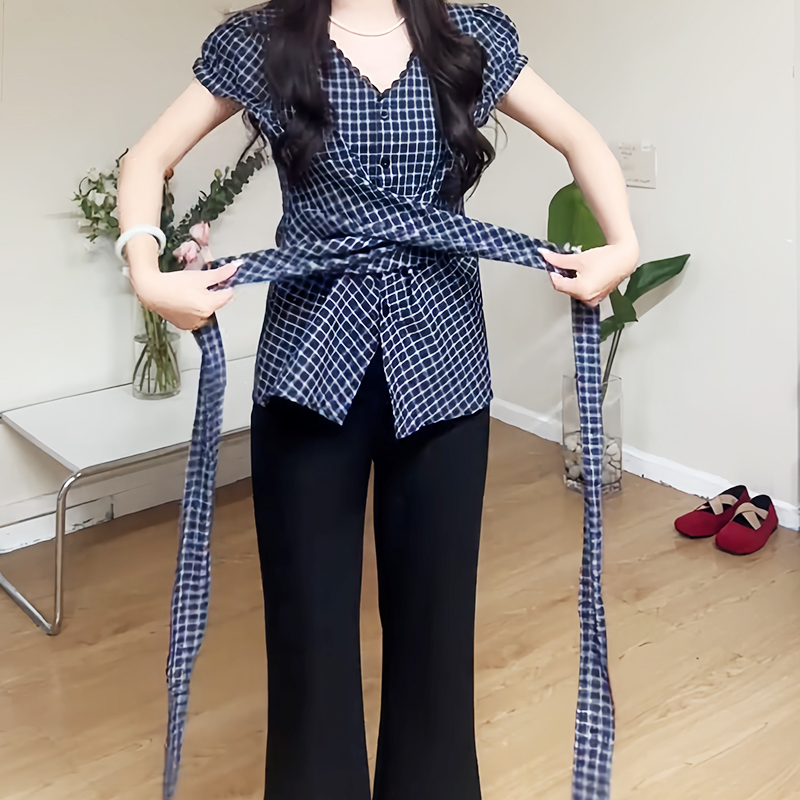 大码法式复古格纹短袖衬衫上衣女