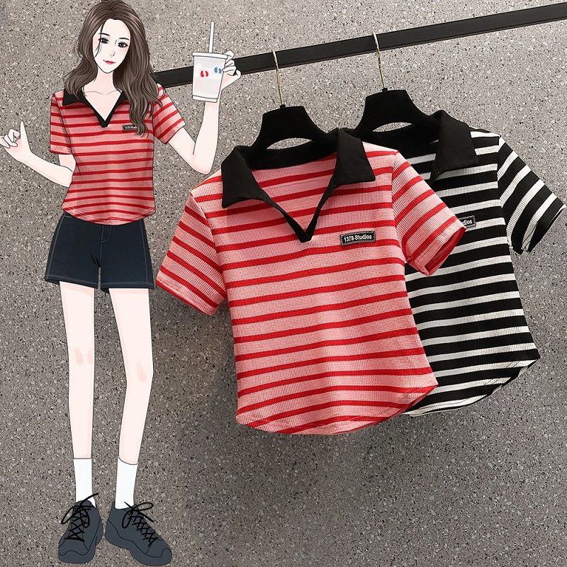 大码条纹polo翻领夏季短款上衣女胖mm设计感小众显瘦遮肚短袖t恤,女装/女士精品,大码连衣裙,淘宝优惠券,粉丝福利购,淘宝优惠卷