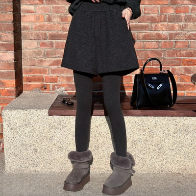 黑灰色高腰毛呢短裤女秋冬新款时尚百搭大码微胖MM遮胯显瘦阔腿裤