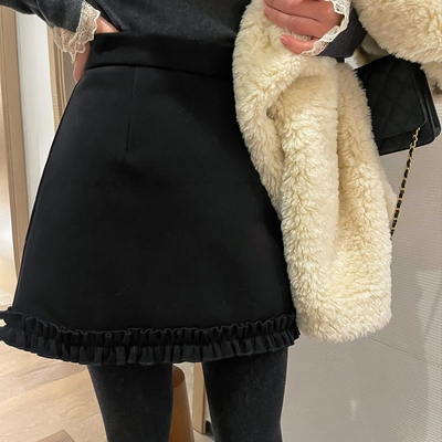 大码花边毛呢半身裙女秋冬微胖高腰显瘦设计感气质包臀a字短裙子