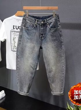 加绒加厚矮个子九分男牛仔裤