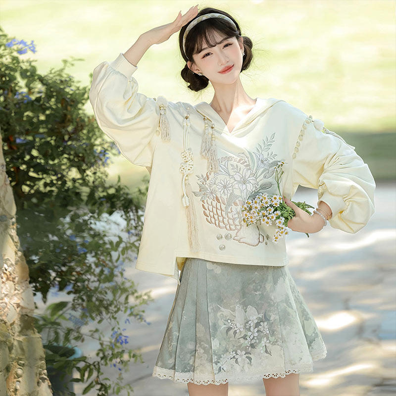 卫衣女款春秋套装国风汉元素日常半身裙小个子宽松新中式连帽上衣