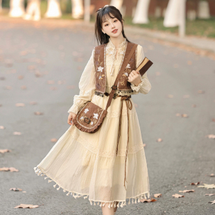 连衣裙女春秋原创国风马甲日常学院风学生收腰显瘦新中式 裙子 套装