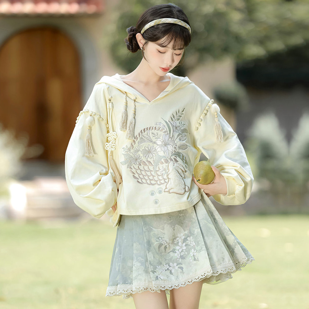 卫衣女款春秋套装国风汉元素日常半身裙小个子宽松新中式连帽上衣