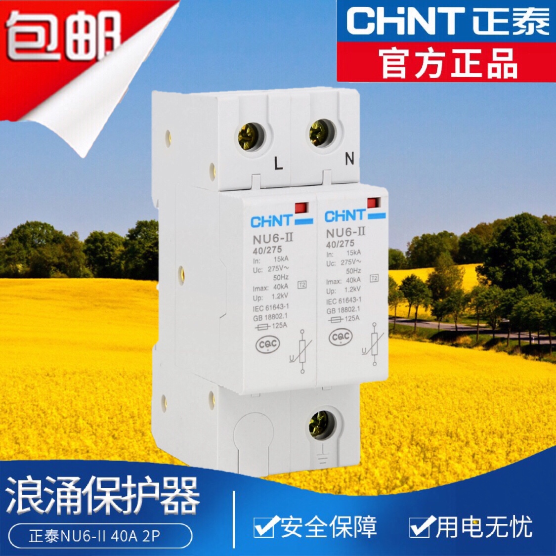 正泰防雷器保护器浪涌家用保护器家用防雷器 NU6-II 2P/40kA单相