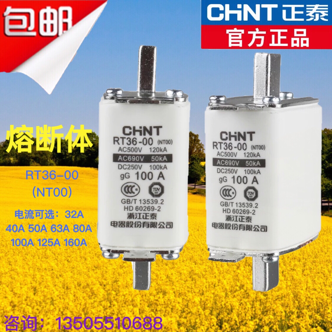 正泰陶瓷熔断器熔芯RT36-00(NT00)32A40A63A100A 160A熔体 熔断体