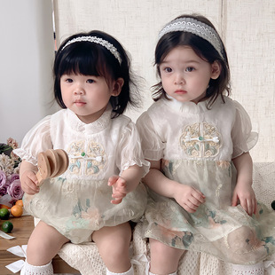 中式婴儿衣服女宝宝夏装连体公主婴幼儿旗袍满月百天周岁礼服夏季