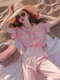 夏天多巴胺穿搭粉色衬衫女装套装轻奢高级感时尚衣服潮流女一整套