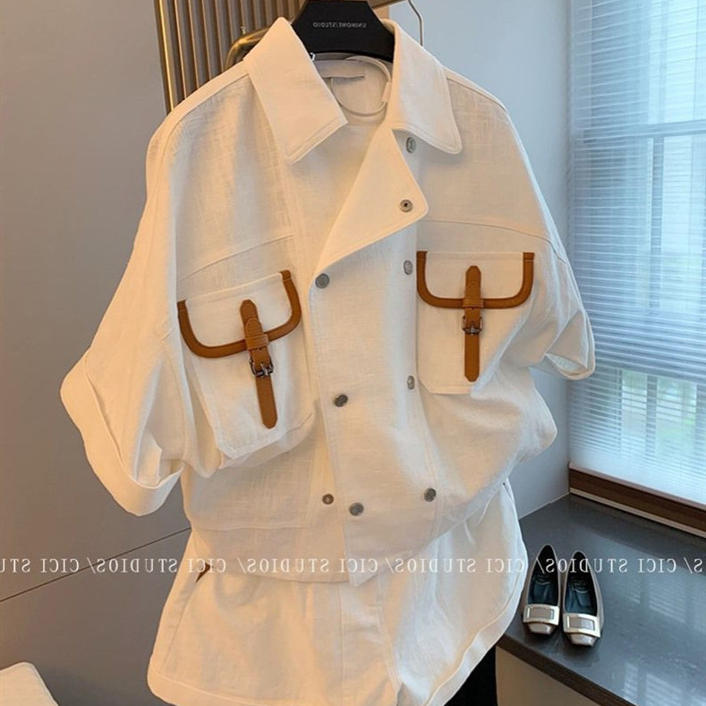 复古撞色皮夹口袋双排扣工装套装女2025夏新款酷飒上衣短裤两件套