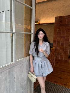 韩系气质高级感V领收腰单排扣文艺复古短裙阔腿短裤 夏 两件套装