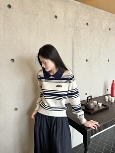 lucy七七miu系学院风新款 显瘦上衣 撞色宽松学院风条纹polo针织衫