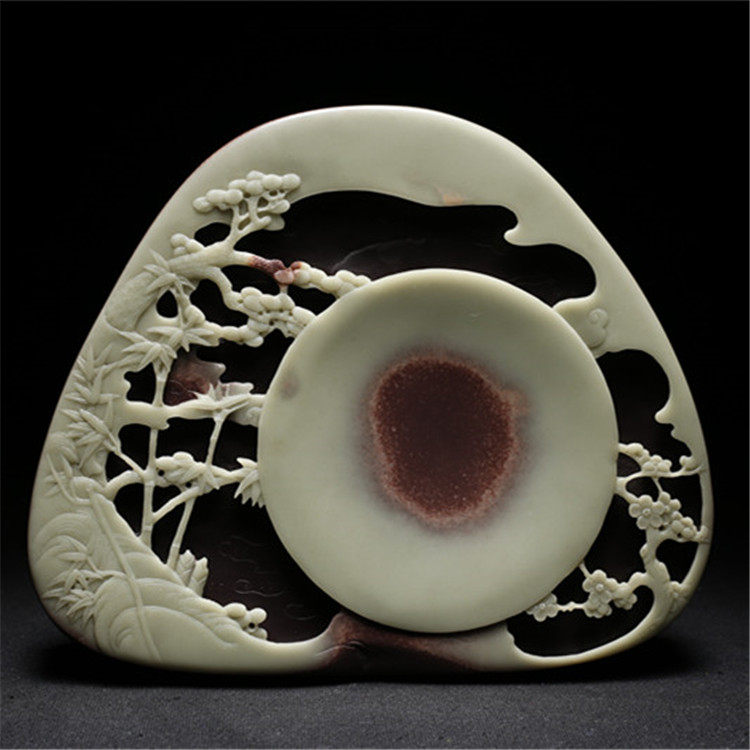 国家非遗安徽文房四宝歙砚 紫袍玉带原石砚岁寒三友 实用收藏摆件